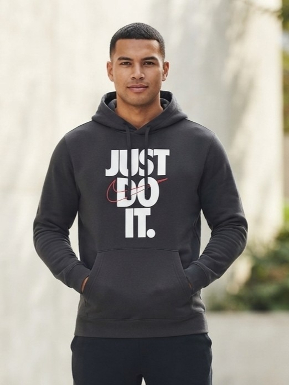 Nike Black Pullover Hoodie with White 'JUST DO IT.' Graphic Size Med